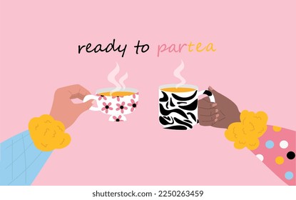 Hands hold cups. Mugs with hot drinks, coffee or tea. Design element for invitation and greeting postcard. Tasty liquid and beverage. Cafe or restaurant menu. Cartoon flat vector illustration