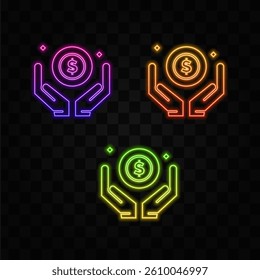 Hands hold a currency symbol. dollar symbol. neon style. Money earning icon.