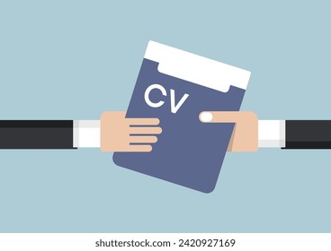 Hands hold cv resume. Human resourse concept. Vector flat design
