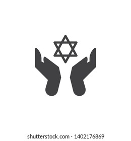 Hands hold David Star vector icon. filled flat sign for mobile concept and web design. Star of david and praying hands glyph icon. Judaism symbol, logo illustration. Vector graphics