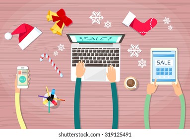 Hands Hold Device Electronics Gadget New Year Concept Laptop Phone Tablet Christmas Gift Decoration Flat Vector Illustration