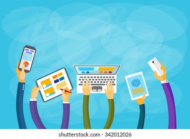 Hands Hold Device Electronics Gadget Concept Laptop Phone Tablet Flat Vector Illustration