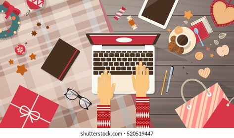 Hands Hold Device New Year Concept Laptop Phone Tablet Christmas Gift Decoration Flat Vector Illustration