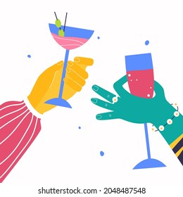 Die Hände haben verschiedene alkoholische Cocktails. Helle Vektorgrafik.
