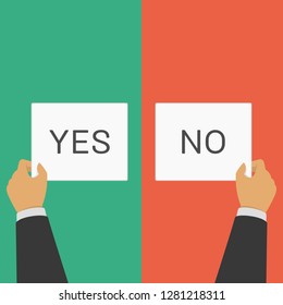 Hands hold different signs. Businessman holding white placard with various inscriptions - yes and no. Vector illustration in flat style. EPS 10.