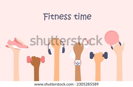 Hands hold different sport equipment. Colored gym accessory. Fitness concept. Workout stuff bundle. Dumbbells, sneakers, kettlebell, earphone etc. Vector illustration in trendy flat style isolated.
