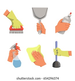 Hands hold different tools for cleaning illustrations set