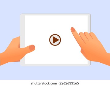 Hands hold digital tablet vector illustration. Person using multimedia application for watching video tutorial or webinar online. Mobile device for communication, rest and study
