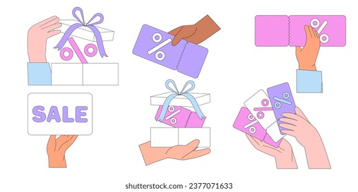 Hands hold discount coupons or sale voucher. Character shop online and receive personal discount coupon in gift box mobile application on smartphone. Person hold gift ticket with surprise from store.