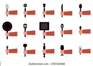 Hands hold dishes, spoons, forks. Flat concept illustration restaurant and kitchen utensils. Vector elements for web design, social networks and food infographics.