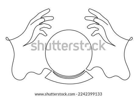Hands hold divination crystal ball one line art, hand drawn magiv fortune telling continuous contour. Occult concept.Minimalistic art drawing. Editable stroke. Isolated. Vector illustration