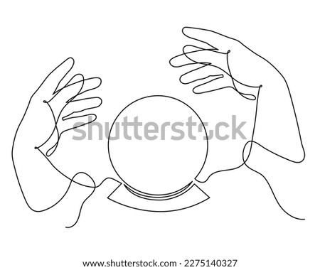 Hands hold divination crystal ball one line art, hand drawn magic fortune telling continuous contour. Occult concept.Minimalistic art drawing. Editable stroke. Isolated. Vector illustration