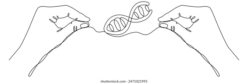 Hands hold DNA continuous one line drawing. Genome linear structure symbol. Vector illustration isolated on white background.