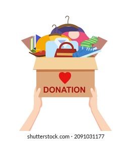 Hands hold a donation box with clothes, books, shoes. help for refugees, poor kids. Awareness and charity concept, vector, illustration flat cartoon style