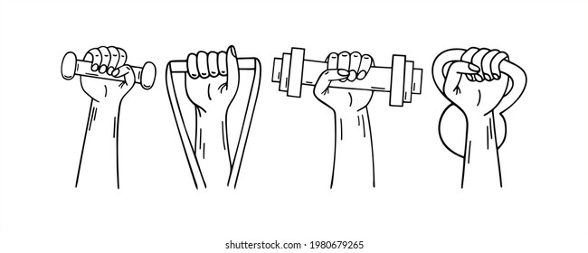 Hands hold dumbbells illustration isolated on white background. Healthy Lifestyle hand drawn vector illustration. Sport revolution concept in doodle design. EPS 10.