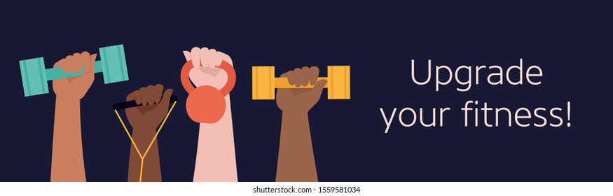 Hands hold dumbbells on black background and Healthy Lifestyle title. Sport revolution concept. Vector colorful illustration in flat design.