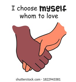 Hands hold each other. Black and white togetherness. Black lives matter and no racism concept. Free love choice. Different nationality marriage. Minimal vector clipart for poster, print, sticker, web.