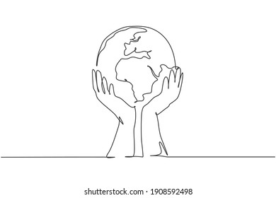 Hands hold earth. Single continuous line world global map graphic icon. Simple one line doodle for non profit organization concept. Isolated vector illustration minimalist design on white background