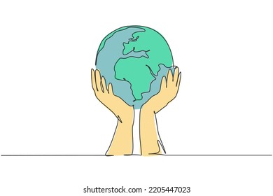 Las manos sostienen la tierra. Icono gráfico de mapa global de línea continua única. Un simple doodle de una línea para el concepto de organización sin fines de lucro. Ilustración vectorial aislada diseño minimalista sobre fondo blanco