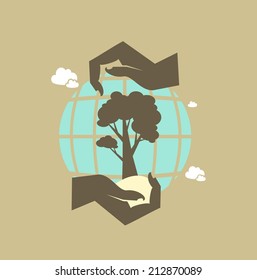 hands hold the earth and tree icon