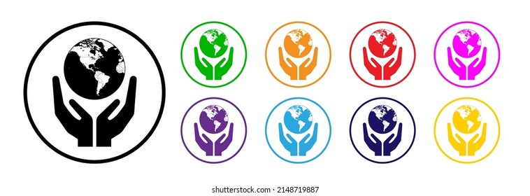 Hands hold the earth, World Environment Day. Icon in different colors.