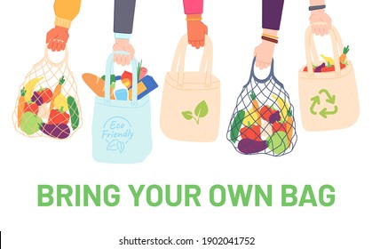 Hands hold eco bags. People bring own bag for grocery. Reusable plastic free pack with food. Zero waste products for shopping vector concept. Eco bag shopper, organic green ecological illustration