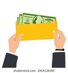 Manos sostienen sobre con billetes de dólar aislados sobre fondo blanco. Ahorro de euros, concepto de beneficio. Vector