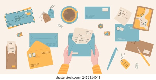 Hands hold envelope with handwritten letter, character read invitation mail at table with stationery, envelopes and coffee, creative paper postcard design, craft letter and greeting mail illustration