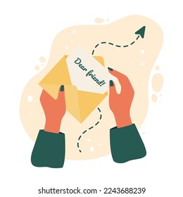 Hands hold an envelope and insert a card into it. Send gift card, vector eps10. modern graphic element for landing page, empty state ui, infographic, icon