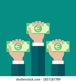 Hands hold euro banknote. Vector flat illustration on blue. Give, receive, take, earn cash. Financial success, salary, investment, dividend. Currency, pay, rich, win money.
