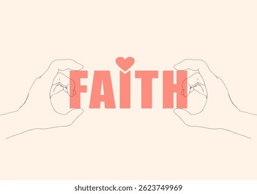 Mãos seguram palavra de fé decorada com símbolo de coração. Ilustração do conceito de religião