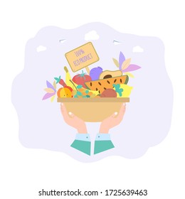 Hands hold a farm basket with vegetables and fruits. Fruits of fields, gardens, harvesting, organic products. Colorful vector illustration