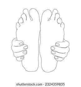 The hands hold the feet of the feet. A template for creative design and creative ideas in the style of a continuous line