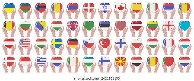 Hands hold the flags of different countries of the world in the heart. 49 state flags. Flags of different countries. EPS 10.