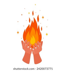 Las manos sostienen la llama del fuego. Símbolo de luz, amor, bondad, victoria. Ilustración vectorial en el fondo aislado.