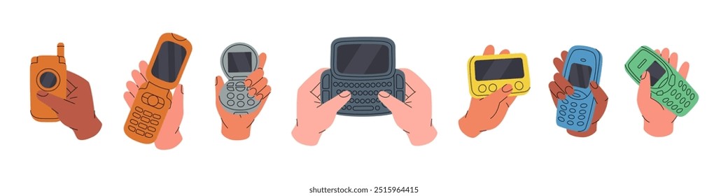 Hands hold flip mobile phones. Old mobile phone from the 90s. Retro electronic devices. Vector illustration.