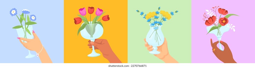 Hands hold flower cocktails. Drink beverage party, men or women handing wine glasses with aroma flowers on stem for romantic interior, cheers vector illustration of flower and floral drink cocktail