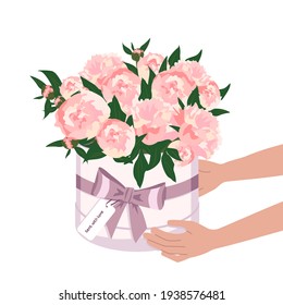 Hands hold flowers in a round box. Delivery of a bouquet of peonies. Spring blooming composition. Vector illustration