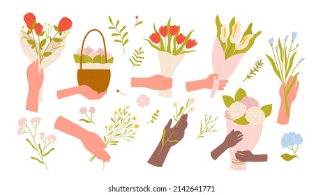 Hands hold flowers vector illustration. Cartoon floral gift for girl, bouquet for vase with bunch of summer cute wild herbs, gentle petals, plants and blossoms isolated on white. Floristry concept