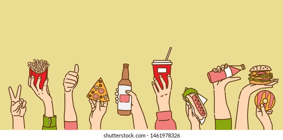 Hands hold food, vector illustration