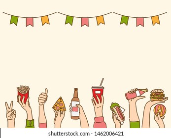 Hands hold food, vector illustration