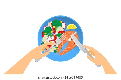 hands hold fork and knife salmon steak lemon slice and vegetables  on  plate healhy food top view vector illustration