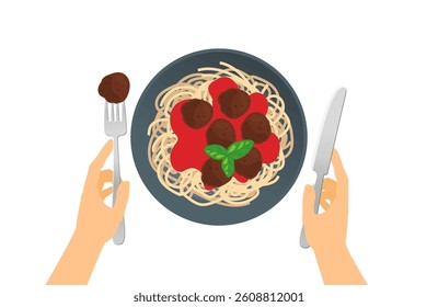 hands hold fork and knife spaghetti pasta meatballs tomato sauce  on  plate healhy food top view vector illustration
