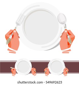 Hands hold fork, spoon and knife above plate. Isolated. vector illustration