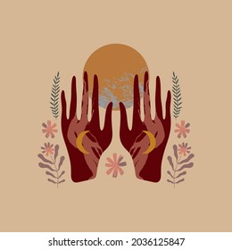 Hands hold full moon. Boho style art, mystical symbol, minimalist trendy style. Magical illustration, spiritual, astrology content image.