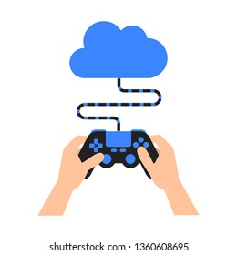 Hands hold game joystick connected to the digital cloud