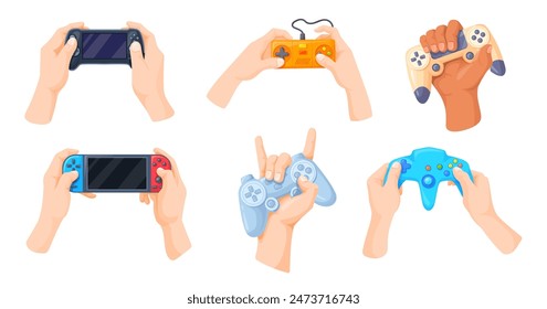 Hands hold gamepad. Gamer hand holding gamepads controller, gaming joystick for game console control, videogame cybersport concept joy games technology, neat vector illustration