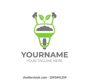 Hands hold garden trolley barrow and wheelbarrow with sprout inside, logo template. Garden accessories, wheelbarrow with ground, soil and plant, vector design. Growth in business, agriculture