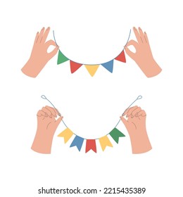 Hands hold a garland with flags. A man prepares decorations for a party, carnival, holiday, Christmas, birthday. Flat vector illustration