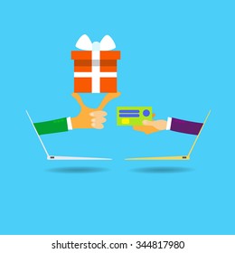 Hands Hold Gift Box Credit Card Laptop Screen Online Sale Shopping Present Concept Flat Vector Illustration